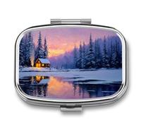 Winter Cabin in The Forest Pill Box 2 Compartment Portable Medicine Pill Case Travel Pill Organizer for Pocket Purse