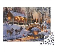 Winter Cabin Scene Colourful Deer by Cabin Bridge 1000 Pcs Jigsaw Puzzles Adults Beautiful Decoration Puzzle Birthday Gift 70x50cm/1000pcs