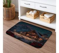 Winter Cabin Scene Quick Dry Bath Mat, Cozy Mountain Landscape Absorbent Non Slip Shower Mat, Holiday Flannel Washable Bath Rugs for Bathroom Toilet Restroom Decorative 20x32 Inch