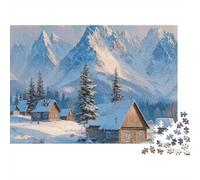 Winter Cabin Scene-Snowy Mountain Landscape 1000 Pieces Plastic Puzzle Pieces for Grandparents Interlocking Sturdy Lightweight Gift 70x50cm/1000pcs