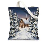 Winter Cabin Snowy Forest Scene Christmas Canvas Tote Bag 13x15 Inch | Snowy Pine Trees, Glowing String Lights, Winter Landscape, Cozy Cabin Atmosphere, Rustic Seasonal Charm