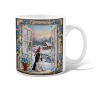 Winter Cabin Spaniel And Cavalier King Charles Ceramic Coffee Mug 11oz | Morning Glory Vines, Drinking Cup, Red Cardinal, Snow-covered Mountain Cabin, Rustic Window View, Peaceful Winter Atmosphere