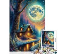 Winter Cabin Under A Full Moon Jigsaw for Adults1000 Pieces Strengthen Mind Clarity And Sharpness Calm Serene Leisure Activity (38x26cm)