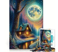 Winter Cabin Under A Full Moon Puzzles for Adults 1000 Pieces Mental Boost Play Neat Cut Perfect Alignment Bonding Activity for Loved Ones (50x75cm)