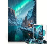 Winter Cabin Under Aurora Borealis 1000 Piece Jigsaws for Adults Brain Training Fun Clean Cut Sturdy Components Calming Mental Break Activity (50x75cm)