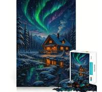 Winter Cabin Under Aurora Borealis Adult Jigsaw1000 Pieces Memory Skill Fun Stable Fit No Shifting Parts Compact Fun for Family Game Time (38x52cm)