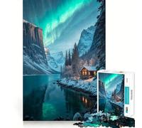 Winter Cabin Under Aurora Borealis Adults 1000 Pieces Puzzle Mental Focus Game Premium Laser Cut Quality Family Fun Night Activity (38x26cm)