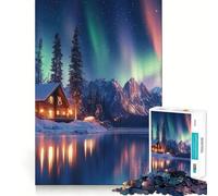 Winter Cabin Under Aurora Borealis Jigsaw Puzzle 1000 Piece Cognitive Fun Play Precise Interlock Structure Bonding Activity for Loved Ones (38x52cm)