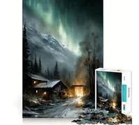 Winter Cabin Under Aurora Borealis Jigsaw Puzzles1000 Pieces Cognitive Boost Fun Burr Free Clean Cut Pieces Holiday Indoor Entertainment Toy (38x52cm)