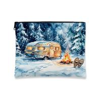 Winter Camping Watercolor Scene Camping Makeup Bag 7x9 Inch | Watercolor Snowy Forest Scene, Makeup Zipper Pouch, Cozy Campfire Luminous, Vintage Travel Trailer, Rustic Outdoor Adventure