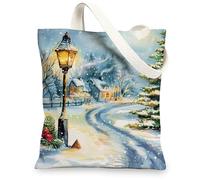 Winter Canvas Bags Cozy Reusable Shopping Bags Snow Landscape Pattern Artistic Lightweight Washable Canvas F, blue, 13x15 Inch