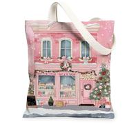 Winter Canvas Tote Bags, Charming Storefront Design Reusable Grocery Bags, Vintage Lightweight Washable Shoulder Strap for, Peach, 13x15 Inch