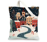 Winter Canvas Tote Bags, Snowy Village Pattern Reusable Grocery Bags, Cozy Holiday Lightweight Washable Shoulder Strap for, White, 13x15 Inch
