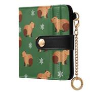 Winter Capybara Snowflake Green Pattern Small Women Wallet Leather RFID Blocking Bifold Compact Card Holder with Coin Pocket Zipper Purse for Ladies Women Girls