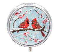 Winter Cardinal Bird on Cherries Tree Small Pill Organizer with 3 Compartments Travel Medicine Case Portable Round Vitamin Storage Box