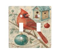 Winter Cardinal Light Switch Cover Plates/Outlet Covers, Red Bird and Green Ornaments for Holiday Decor, Thermoplastic Wall Plates, Standard Size Double Toggle