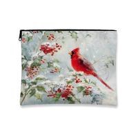 Winter Cardinal Makeup Bag, Red Bird and Berry Vintage Holiday Cosmetic Travel Pouch for Women, Portable Small Canvas Zipper Organizer, Christmas Gift Toiletry Bag, Red, 7x9 Inch