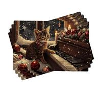 Winter Cat Music Placemats Set of 6, Brown Tabby Cat Piano Table Decor for Holiday Dining, Washable Christmas Themed Fabric Placemats 18x12 Inch