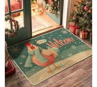 Winter Chicken Welcome Doormat, Teal Snowflakes Indoor & Outdoor Entrance Decor, Non-Slip Rubber Dust Absorbent Mat, Easy to Clean 29x17 Inch