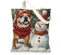 Winter Christmas Bulldog Dog Canvas Tote Bag for Shopping 13x15, Snowman Xmas Puppy Pet Reusable Grocery Print Bag for Women, Holiday Beach Aesthetic Painting Gift Decor