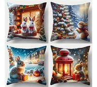 Winter Christmas Bunny Cushion Covers 35x35cm Set of 4 Decorative Throw Pillow Covers 14x14inch Soft Velvet Square Cushion Cases for Home Living Room Sofa Couch Bed Pillowcases