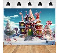 Winter Christmas Candy House Snow Christmas Tree Photography Backdrop Cartoon Christmas Village Backdrop Winter Snow Pine Tree Candy Party Photo Background Xmas Fairy Tale Kid Party Banner (5x3feet)