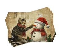 Winter Christmas Cat and Snowman Placemats Set of 4, Cozy Holiday Table Decor, Non-Slip Washable Indoor Outdoor Dining Place mats 18x12 Inch