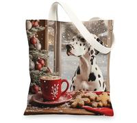Winter Christmas Dalmatian Dog Canvas Tote Bag for Shopping 13x15, Gingerbread Xmas Puppy Reusable Grocery Print Pattern Bag for Women, Pet Aesthetic Painting Gift Decoration