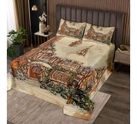 Winter Christmas Double Size Romantic Snowy House Xmas Gifts Pine Trees Quilted 3 Pieces Coverlet Set with 2 Pillowcases Rustic Countryside Retro Brown Bedding Quilt for Room Decor