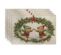 Winter Christmas Elf Linen Placemats Set of 4, 12''x18'', Watercolor Xmas Wreath 4Pcs Print Table Mats for Dinning, Holiday New Year Holiday Home Kitchen Decor