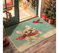 Winter Christmas French Bulldog Dog Front Black Door Mat Outside Inside Entrance 29 * 17, Cute Kid Xmas Puppy Outdoor Non Slip Doormat, Small Pet Print Patio Garage Shoes Off Door Rug