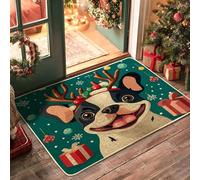 Winter Christmas French Bulldog Dog Front Black Door Mat Outside Inside Entrance 29''x17'', Cute Kid Xmas Puppy Outdoor Washable Doormat, Small Pet Patio Garage Shoes Off Door Rug