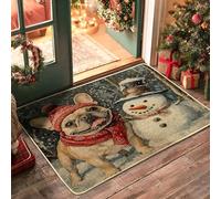 Winter Christmas French Bulldog Dog Pattern Black Door Mat Outside Inside Entrance 29''x17'', Snowman Xmas Puppy Pet Outdoor Washable Doormat, Small Holiday Patio Garage Shoes Off Door Rug