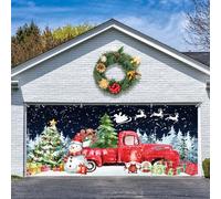 Winter Christmas Garage Door Cover 7x16ft Polyester Red Truck Snowy Forest Snowman Garage Door Banner Backdrop for Christmas New Year Party Decorations Banner Cover