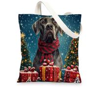 Winter Christmas Great Dane Dog Canvas Tote Bag for Shopping 13 * 15, Snow Xmas Scene Reusable Grocery Bag for Women, Puppy Aesthetic Pattern Gift Decor