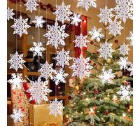Winter Christmas Hanging Snowflake Decorations, 12PCS Snowflakes Garland & 12PCS 3D Glittery Large White Snowflake for Christmas Winter Wonderland Holiday New Year Party Home Decorations