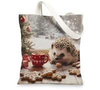 Winter Christmas Hedgehog Canvas Tote Bag for Shopping 13x15, Gingerbread Xmas Animal Reusable Grocery Print Pattern Bag for Women Men, Holiday Aesthetic Painting Gift Decor