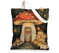 Winter Christmas Mushroom House Canvas Tote Bag for Shopping 13x15, Whimsical Xmas Snow Reusable Grocery Print Pattern Bag for Women Men, Holiday New Year Aesthetic Painting Gift Decor
