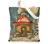 Winter Christmas Mushroom House Canvas Tote Bag for Shopping 13x15, Whimsical Xmas Snow Reusable Grocery Print Pattern Bag for Women, Holiday New Year Beach Aesthetic Painting Gift Decor