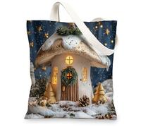 Winter Christmas Mushroom House Canvas Tote Bag for Shopping 13x15, Whimsical Xmas Snow Reusable Grocery Print Pattern Bag for Women, Holiday New Year Aesthetic Painting Gift Decor