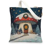 Winter Christmas Mushroom House Canvas Tote Bag for Shopping 13x15, Whimsical Xmas Snow Reusable Grocery Print Pattern Bag for Women, Holiday New Year Aesthetic Painting Gift Decoration