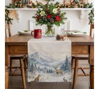 Winter Christmas Natural Scenery Table Runner 36 Inches Long,Table Runners Kitchen Dining Tables Decoration for Home Party Decor, Mountain Forest Fox Tables Runner Wedding Dresser Scarf