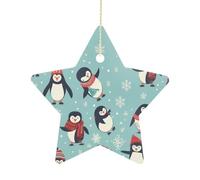 Winter Christmas Penguins Ceramic Christmas Star Ornaments - 2.7 Inch Rustic Star Xmas Tree Decor with Hanging String, Personalized Vintage Double-Sided Holiday Party Decorations for Xmas Gifts