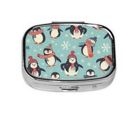 Winter Christmas Penguins Pill Case 2 Compartment Pill Box Portable Metal Pill Organizer Cute Travel Pill Container Vitamin Organizer for Purse Pocket Travel Gift