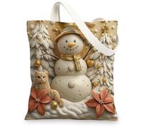 Winter Christmas Persian Cat Canvas Tote Bag for Shopping 13x15, Snowman Xmas Animal Pet Reusable Grocery Print Bag for Women, Winter Aesthetic Painting Gift Decoration