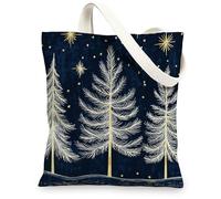 Winter Christmas Pine Tree Canvas Tote Bag for Shopping 13x15, Aesthetic Xmas Snowflakes Reusable Grocery Print Pattern Bag for Women, Holiday New Year Beach Aesthetic Painting Gift Decor