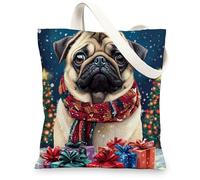 Winter Christmas Pug Dog Canvas Tote Bag for Shopping 13 * 15, Snow Xmas Scene Reusable Grocery Bag for Women, Puppy Aesthetic Painting Gift Decoration