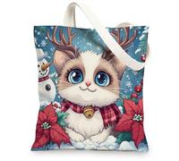 Winter Christmas Ragdoll Cat Canvas Tote Bag for Shopping 13x15, Snowman Xmas Animal Pet Reusable Grocery Print Bag for Women, Holiday Beach Aesthetic Painting Gift Decor