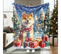 Winter Christmas Shiba Inu Dog Throw Blanket 60''x80'', Snow Xmas Tree Puppy Full King Queen Fuzzy Blanket for Couch Living Room Beach Travel, Holiday Home Sofa Decorations