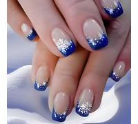 Winter Christmas Short Square False Nails Set With Snowflake Full Covers Glossy Finish Manicure Decoration 24Pcs Reusable False